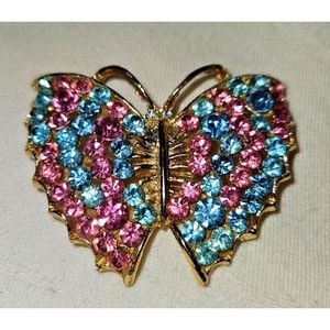 Vintage Crystal Butterfly Brooch Pink and Blue Crystals Gold Tone metal
